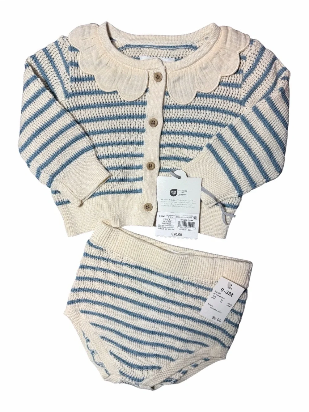 cloud island Cream & Light Blue Knit Cardigan and Bloomer Set